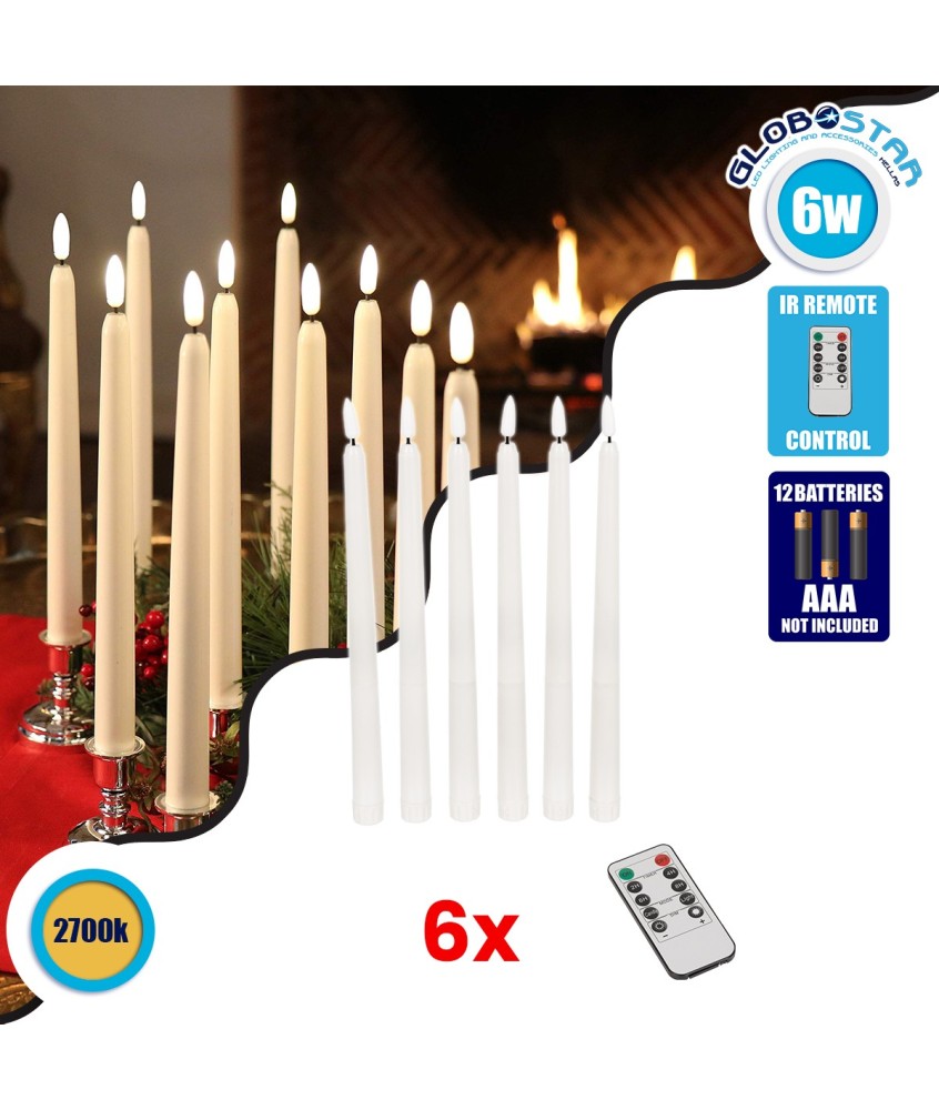 GloboStar® 79563 ΣΕΤ 6 Διακοσμητικών Realistic Κεριών Κηροπηγίου με LED Εφέ Κινούμενης Φλόγας - Μπαταρίας & Ασύρματο Χειριστήριο IR Θερμό Λευκό 2700K Dimmable